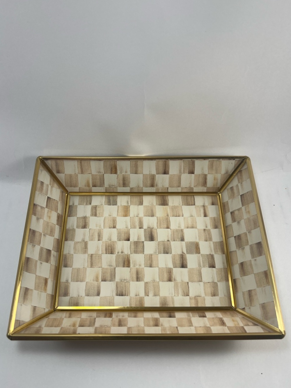 MacKenzie-Childs Cream and Tan Checkerboard Vanity Tray with Gold Edge